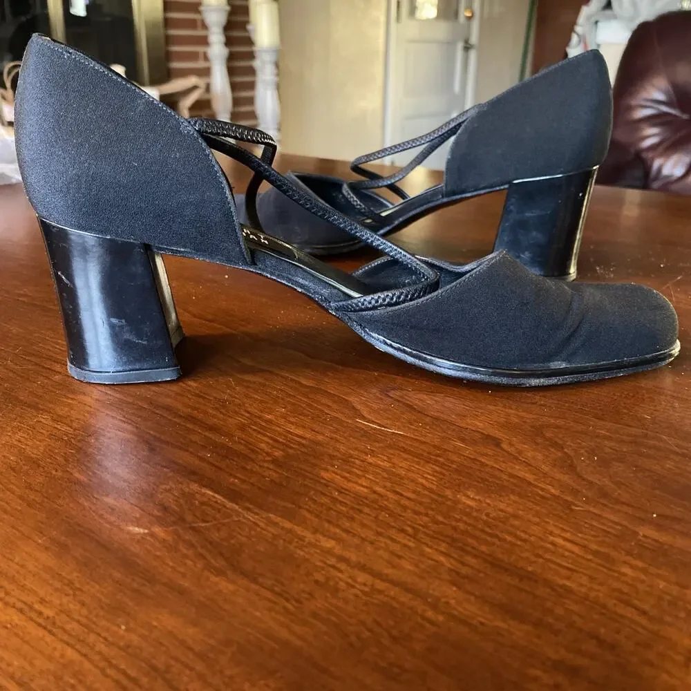 Stuart Weitzman 9 Black Heel Fabric Criss-Cross Strap Block 2W01994 Shoes VGC